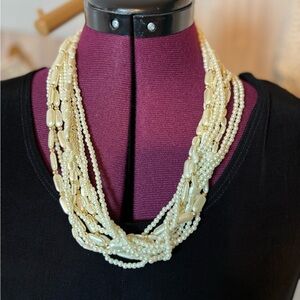Chic Multi-Strand Seed Bead Faux Pearl Necklace Gold Tone Accent Vintage Costume